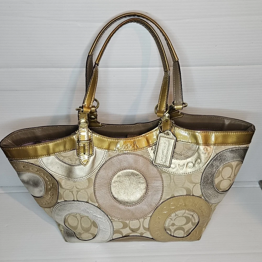 Coach Carly F16180 Vintage Tote – Y2K Metallic Patchwork Logo Canvas Purse, Gold